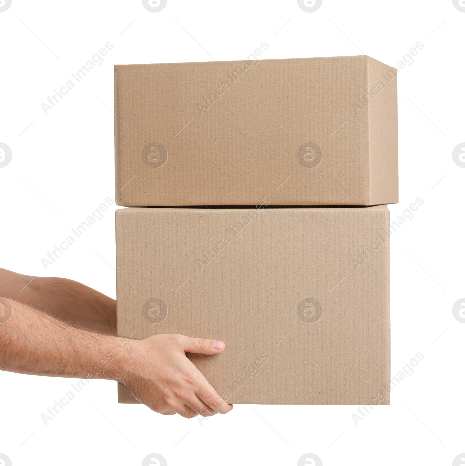 Photo of Courier with parcels on white background, closeup