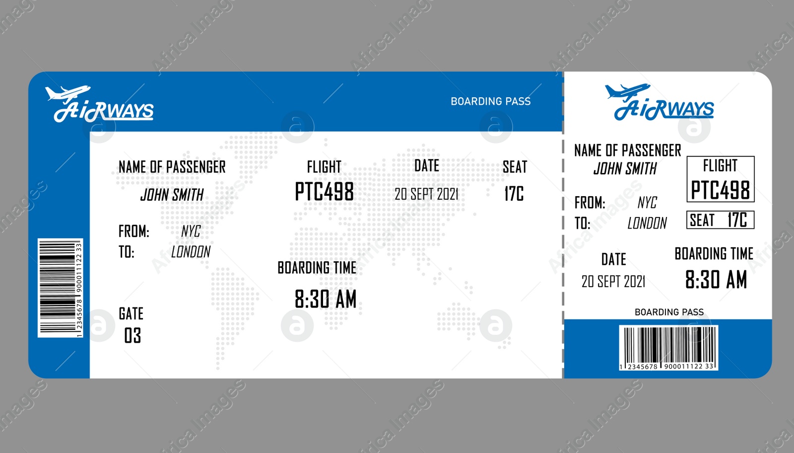 Illustration of  airline boarding pass on grey background 