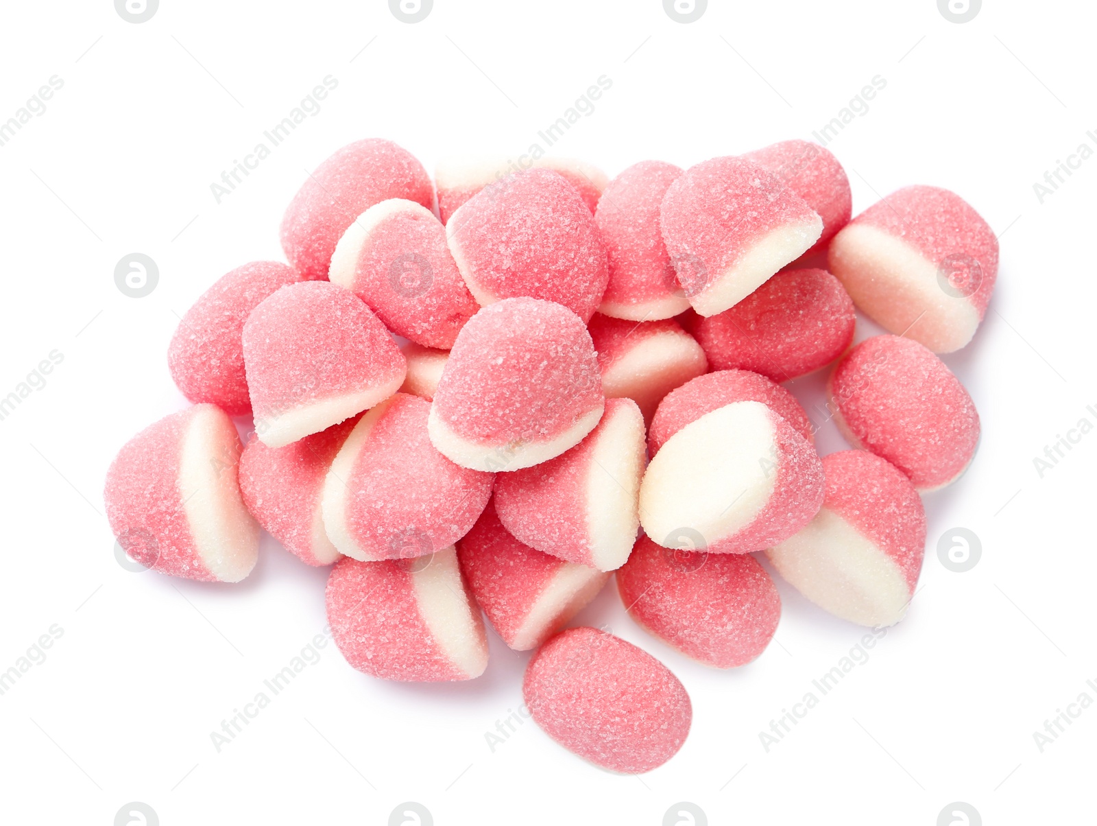 Photo of Sweet color jelly candies isolated on white, top view