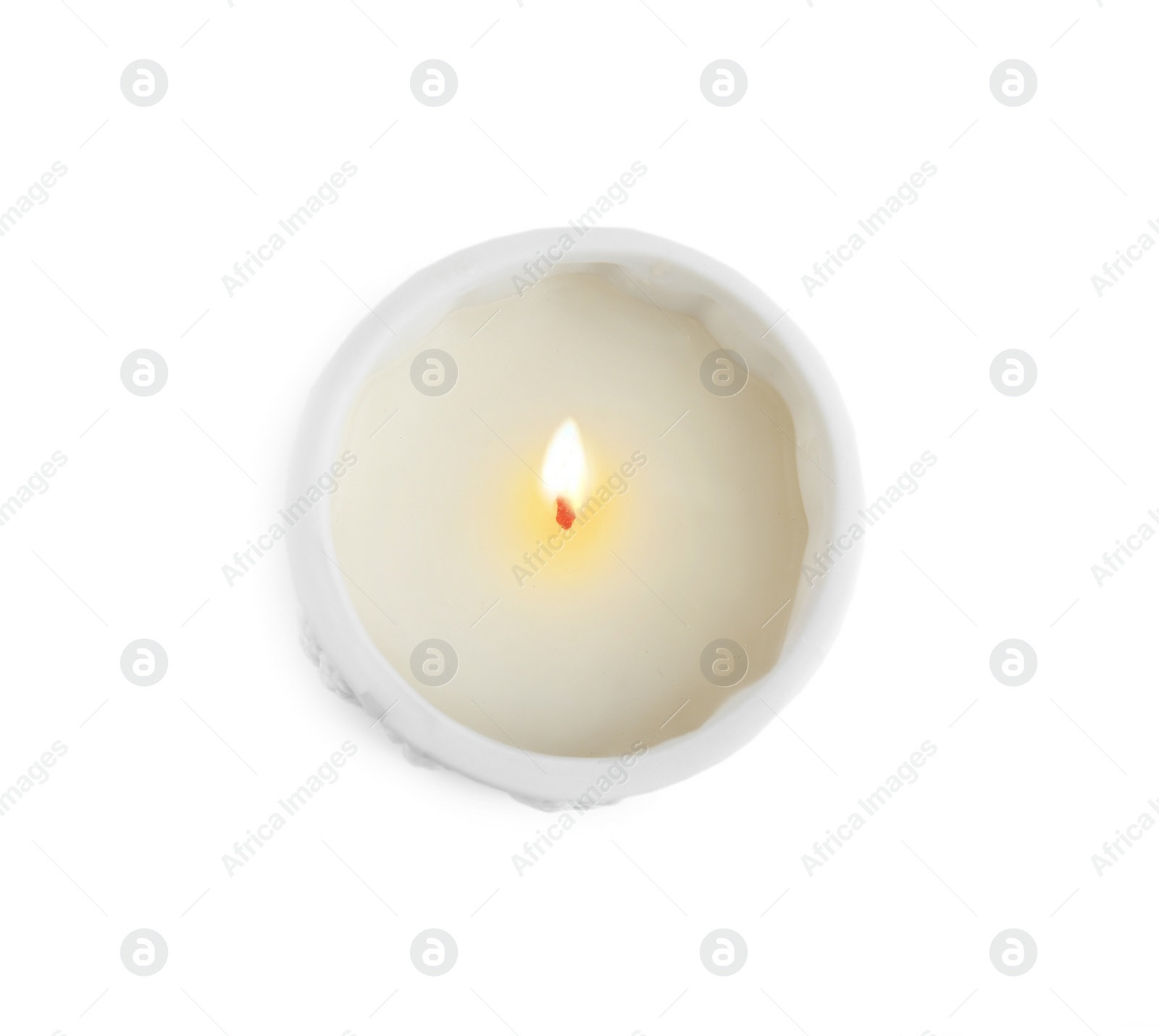 Photo of Candle in holder on white background, top view. Christmas decoration