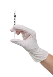 Doctor holding medical syringe on white background, closeup