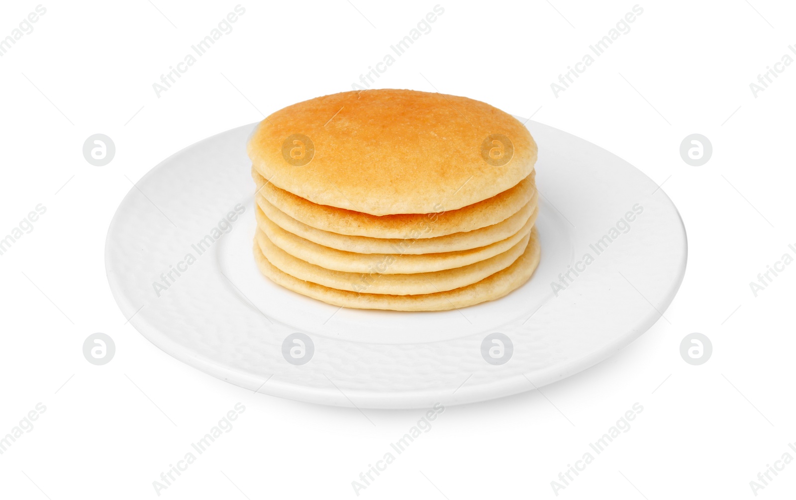 Photo of Plate with stack of tasty pancakes isolated on white