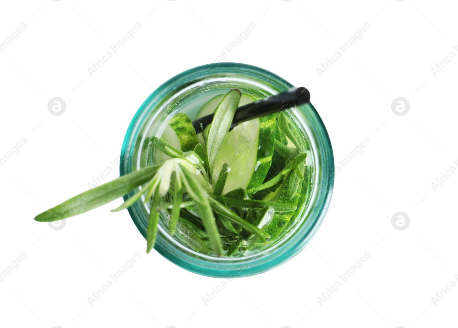 Photo of Natural lemonade with cucumber and rosemary in jar on white background, top view