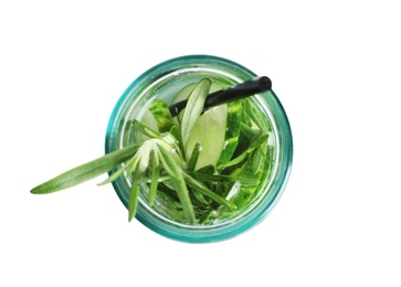 Photo of Natural lemonade with cucumber and rosemary in jar on white background, top view