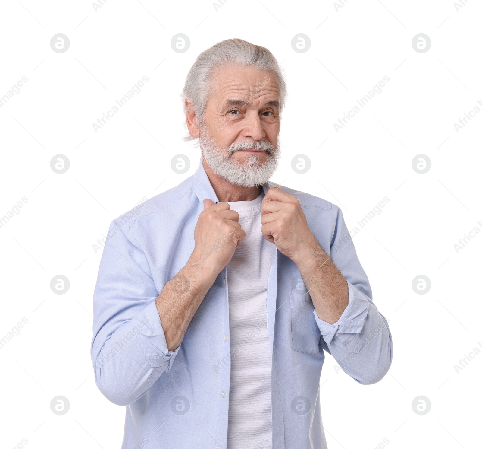 Photo of Portrait of stylish grandpa on white background