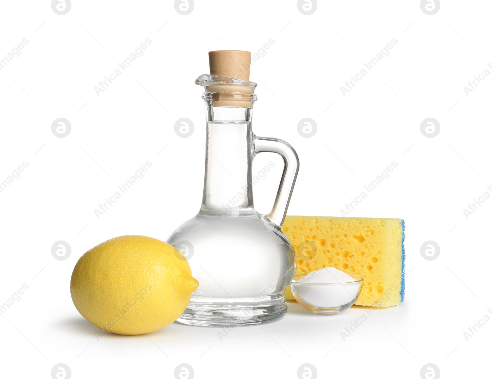 Photo of Composition with vinegar, lemon and baking soda on white background. House cleaning