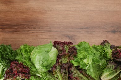 Different sorts of lettuce on wooden table, flat lay. Space for text