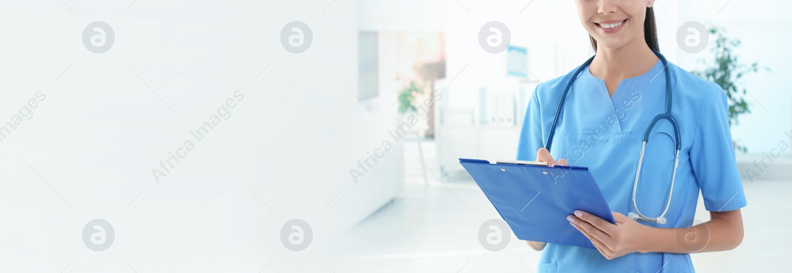 Image of Doctor in uniform with stethoscope at workplace, space for text. Banner design