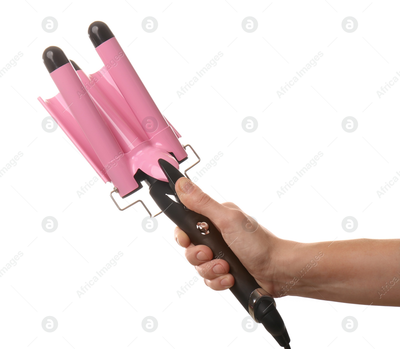 Photo of Woman holding modern triple curling iron on white background, closeup