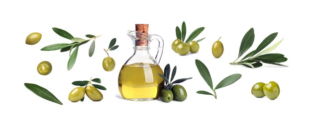 Image of Jug of oil, ripe olives and leaves on white background, collage. Banner design