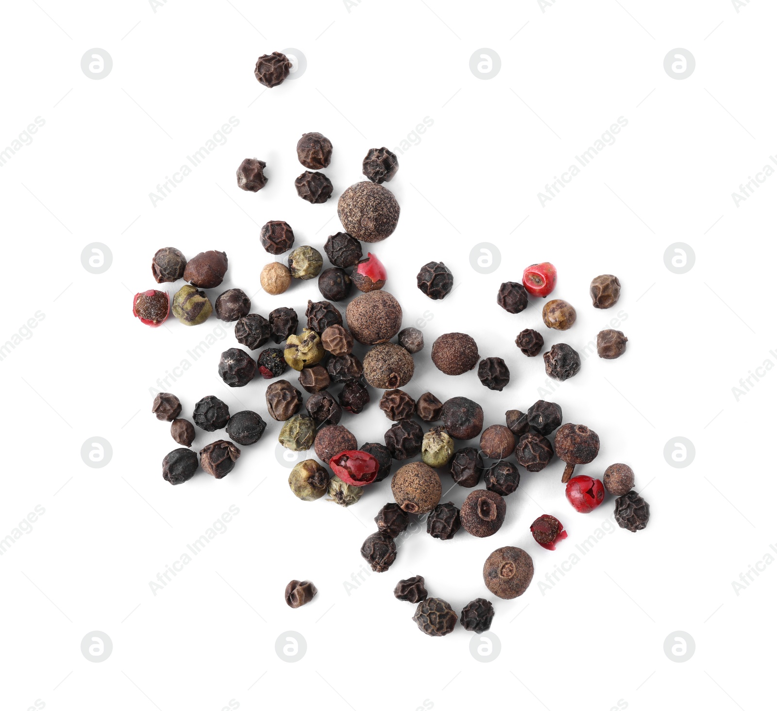 Photo of Different peppers mix on white background, top view