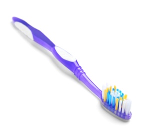 Photo of Color toothbrush on white background. Dental care