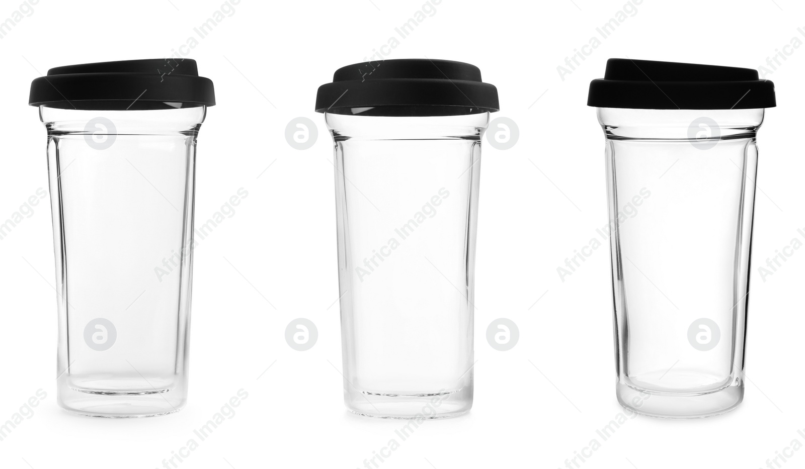 Image of Set with reusable glass coffee cups on white background 