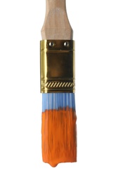 Brush with orange paint on white background, closeup