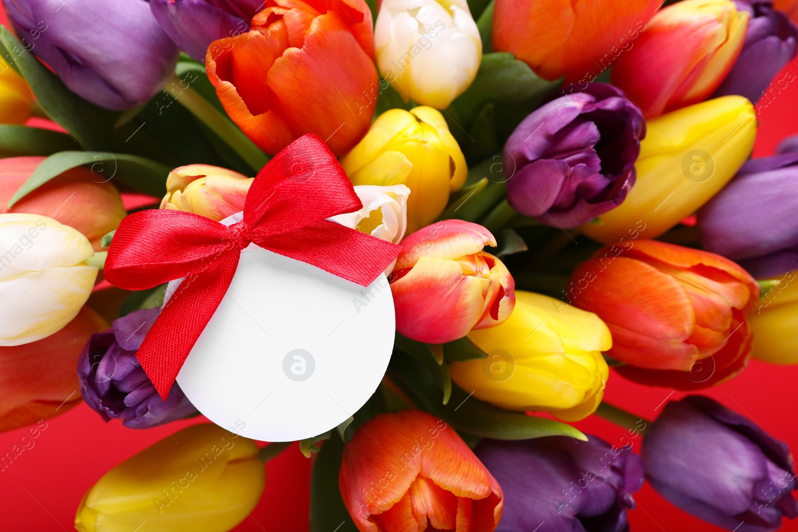 Photo of Bouquet of beautiful colorful tulips with blank card on red background, closeup. Birthday celebration