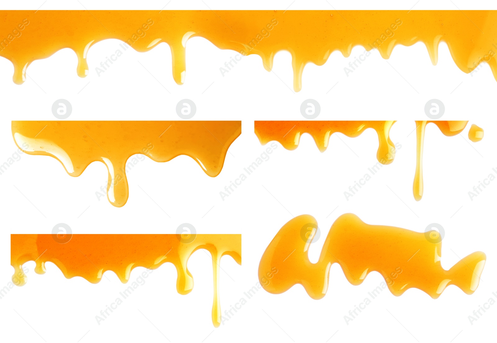 Image of Set of flowing organic delicious honey on white background