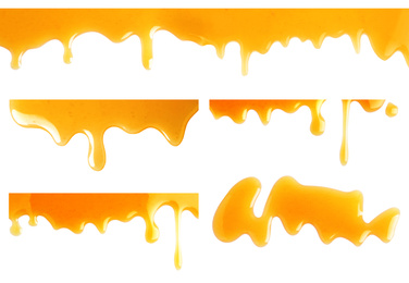 Image of Set of flowing organic delicious honey on white background