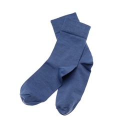 Photo of Navy blue socks on white background, top view