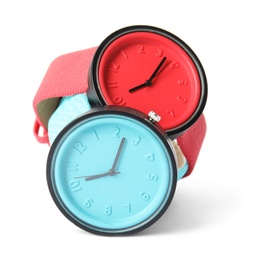 Stylish colorful wrist watches on white background. Fashion accessory