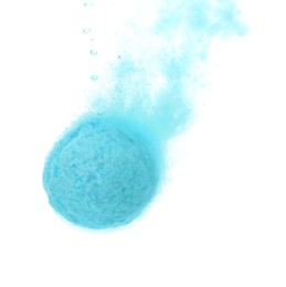 Photo of Light blue bath bomb in water on white background, closeup