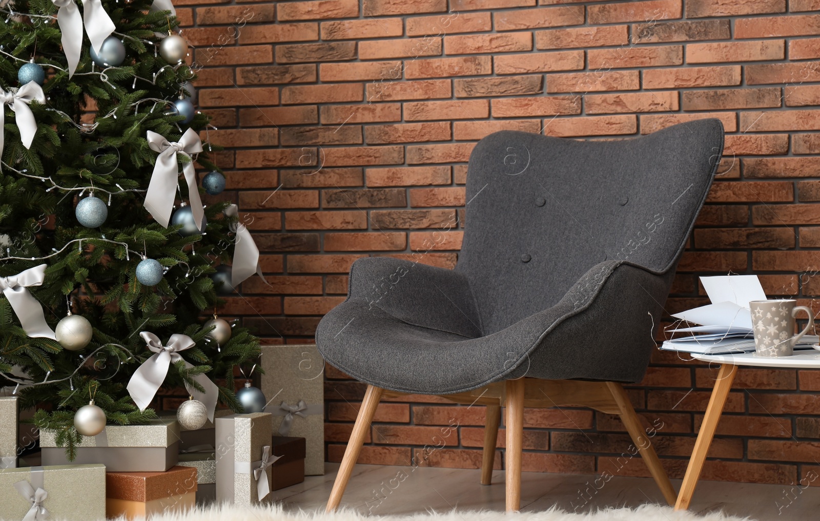 Photo of Stylish living room interior with decorated Christmas tree