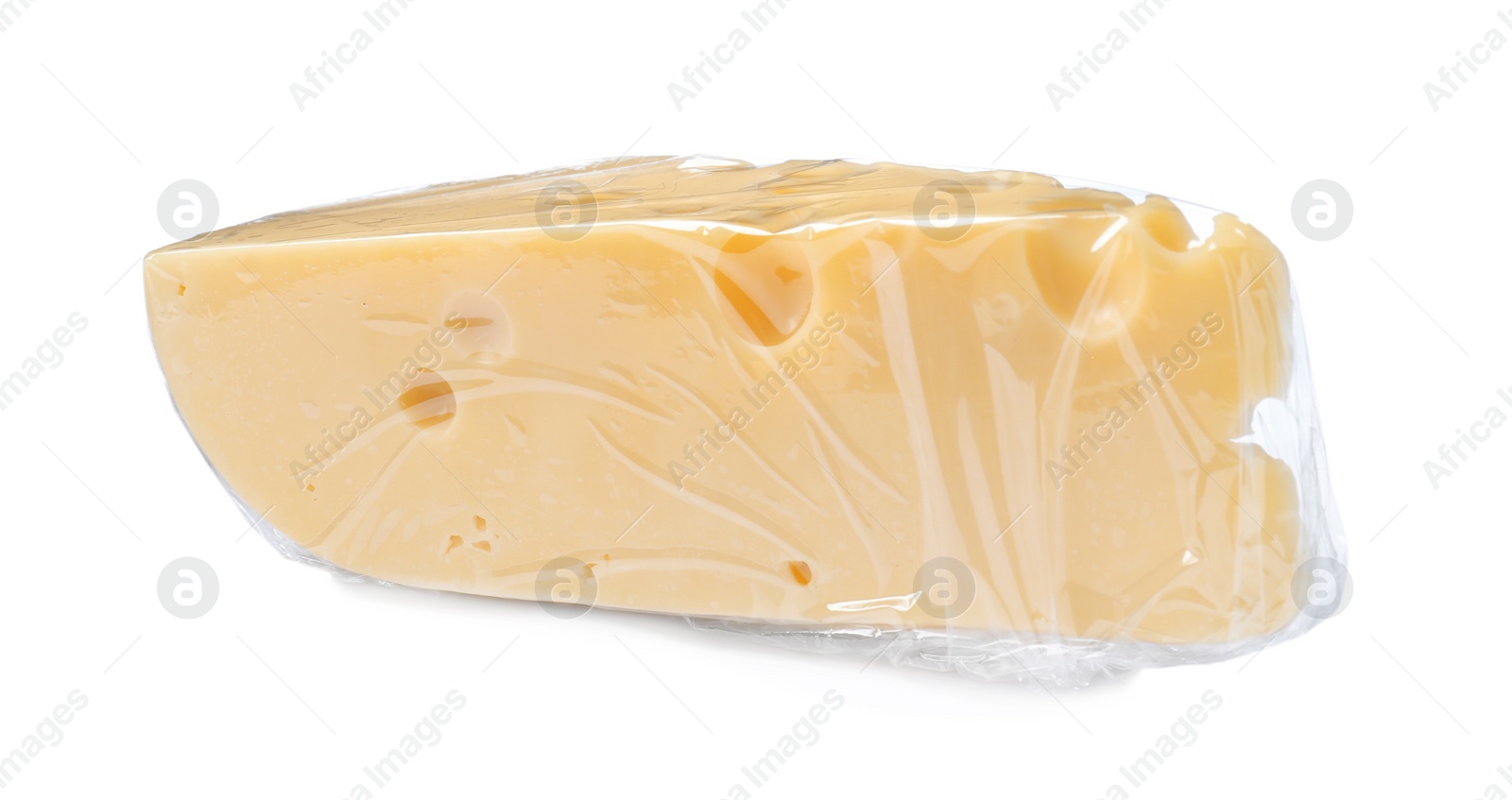 Photo of Cheese wrapped with transparent plastic stretch film isolated on white