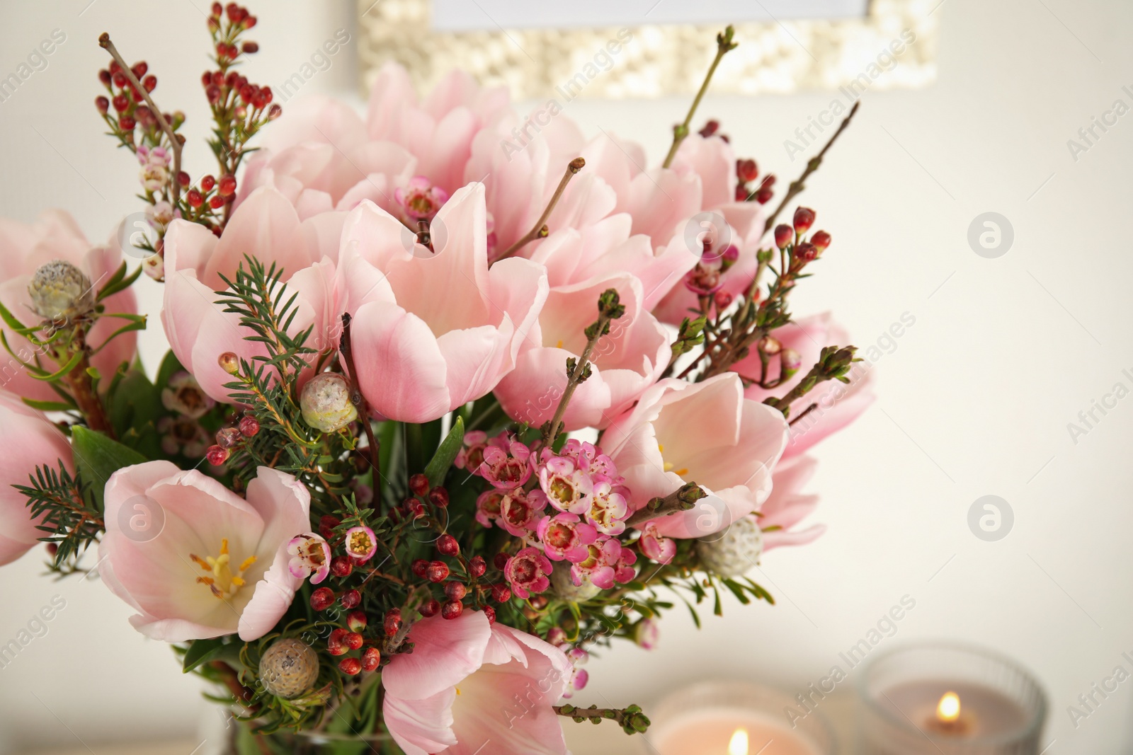 Photo of Beautiful bouquet with spring pink tulips, closeup