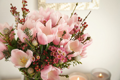 Beautiful bouquet with spring pink tulips, closeup