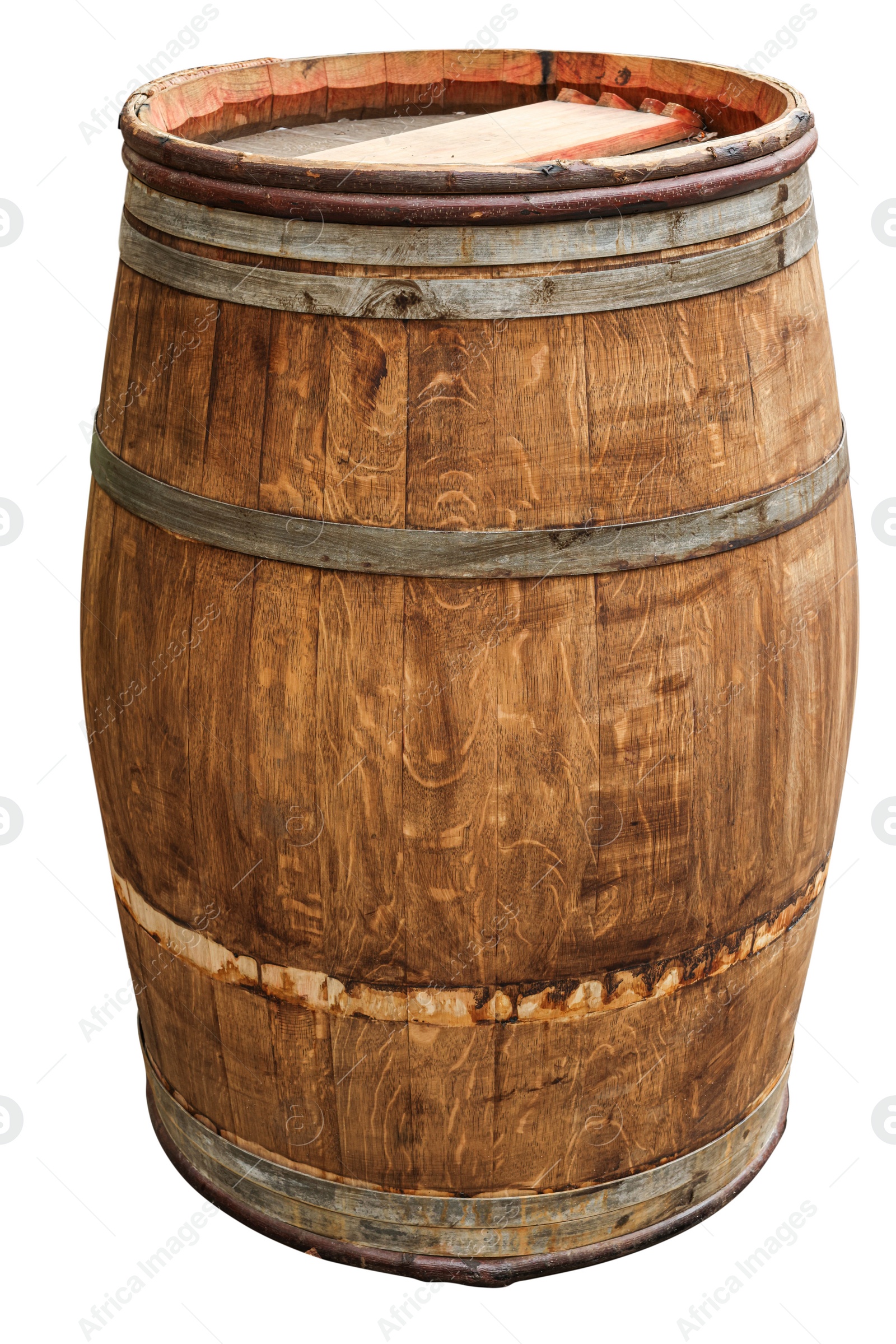 Image of One wooden barrel with metal hoops isolated on white