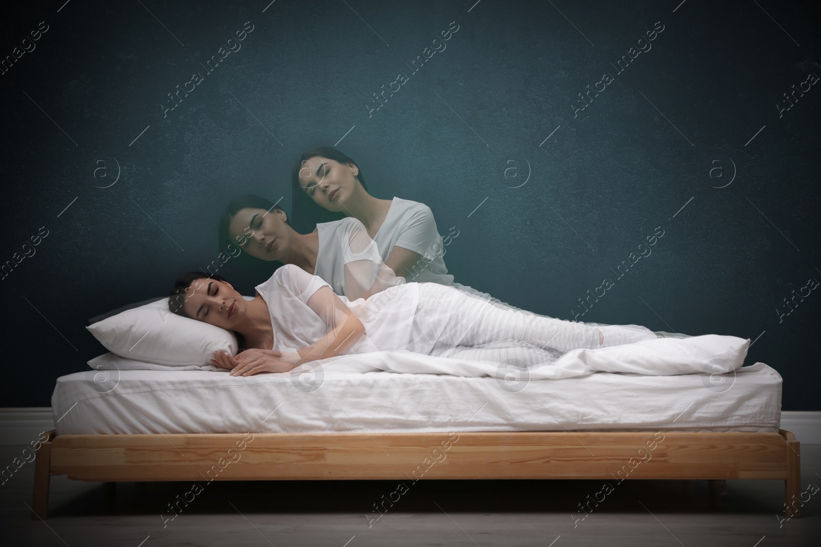 Image of Somnambulist rising from bed near green wall indoors, multiple exposure. Sleepwalking