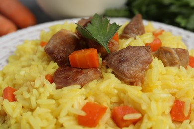 Photo of Delicious pilaf with meat and carrot on white plate, closeup