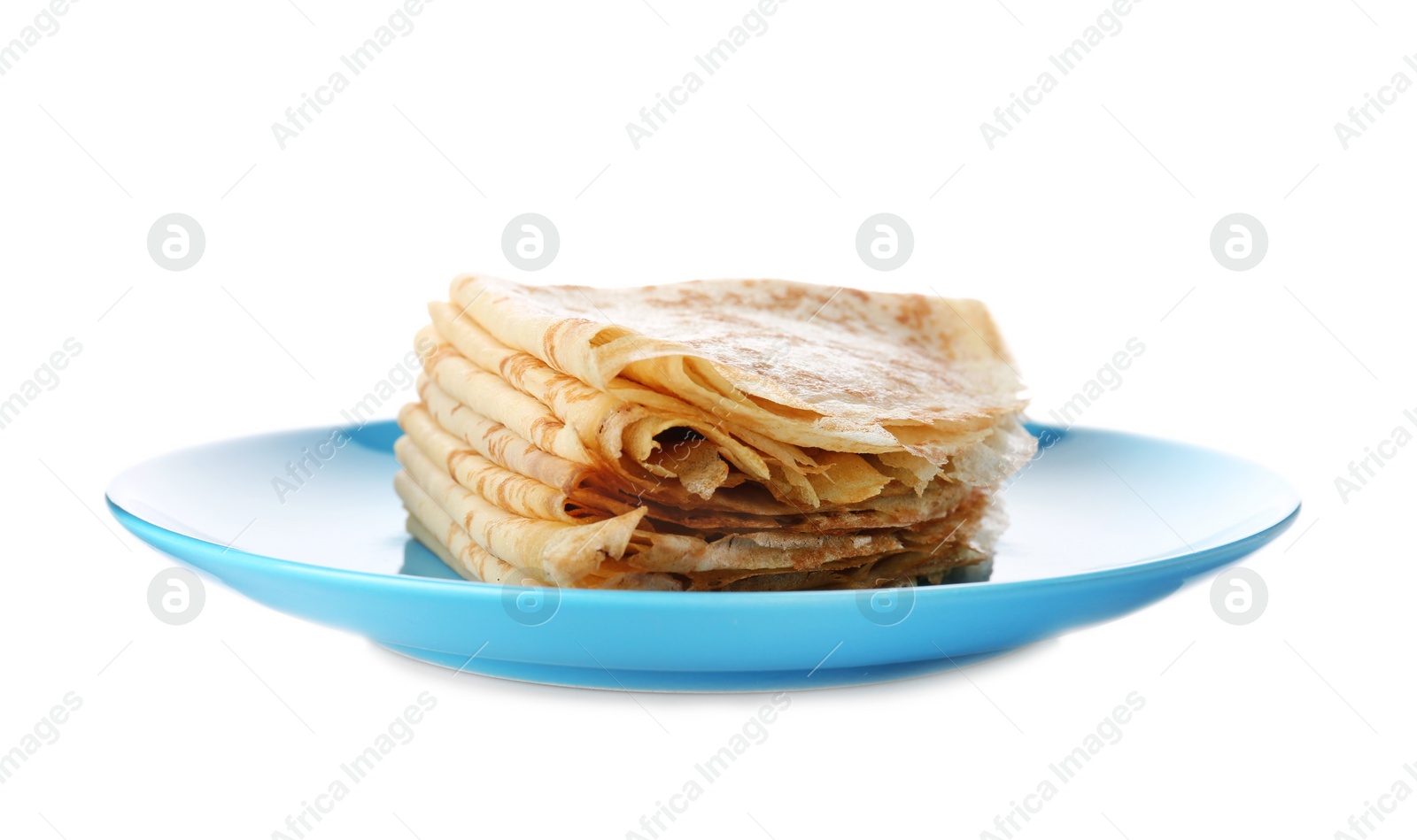 Photo of Stack of tasty thin folded pancakes on plate against white background