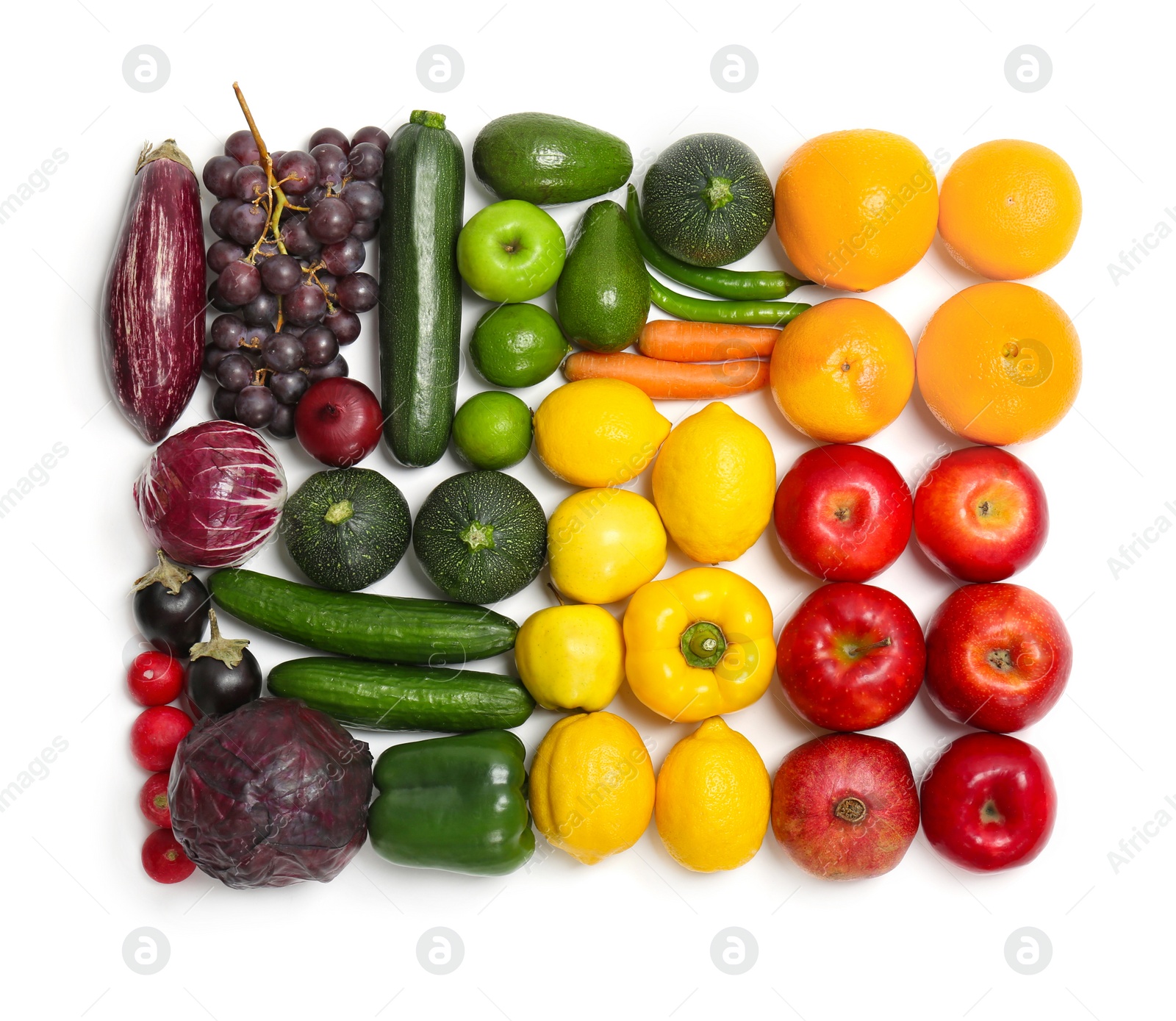 Photo of Rainbow composition with fresh vegetables and fruits on white background, flat lay