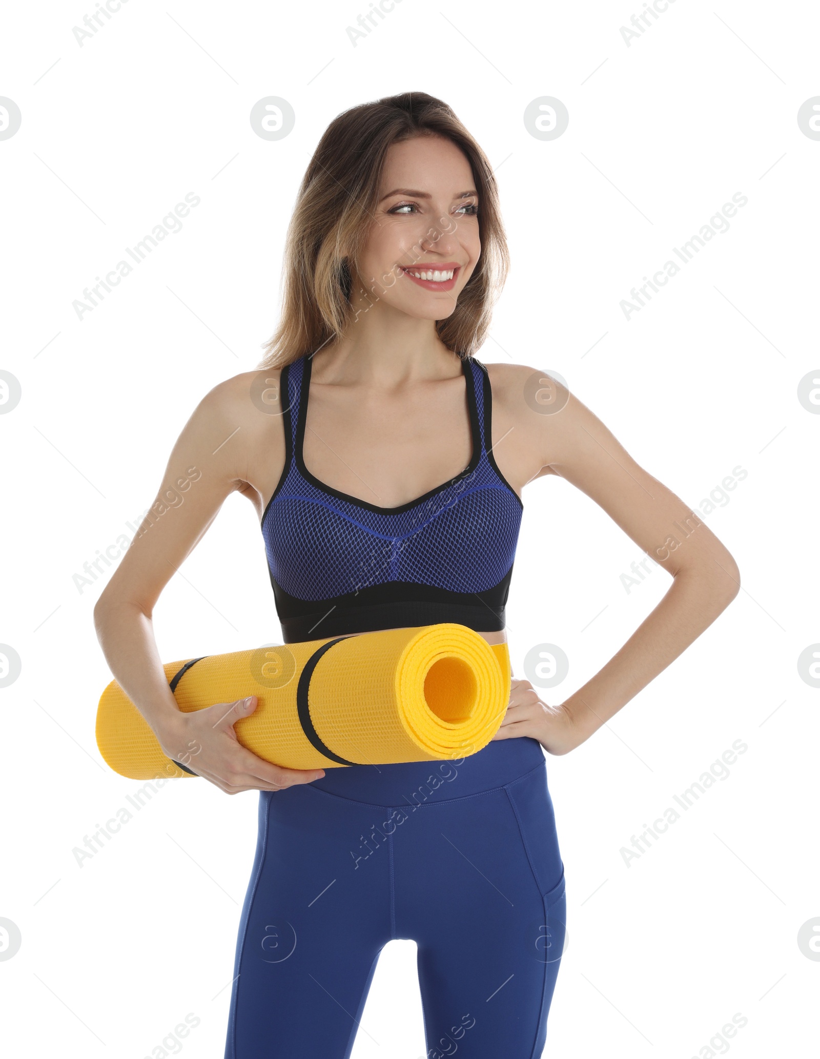 Photo of Beautiful woman with yoga mat on white background