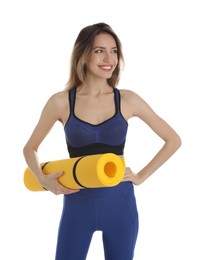 Photo of Beautiful woman with yoga mat on white background