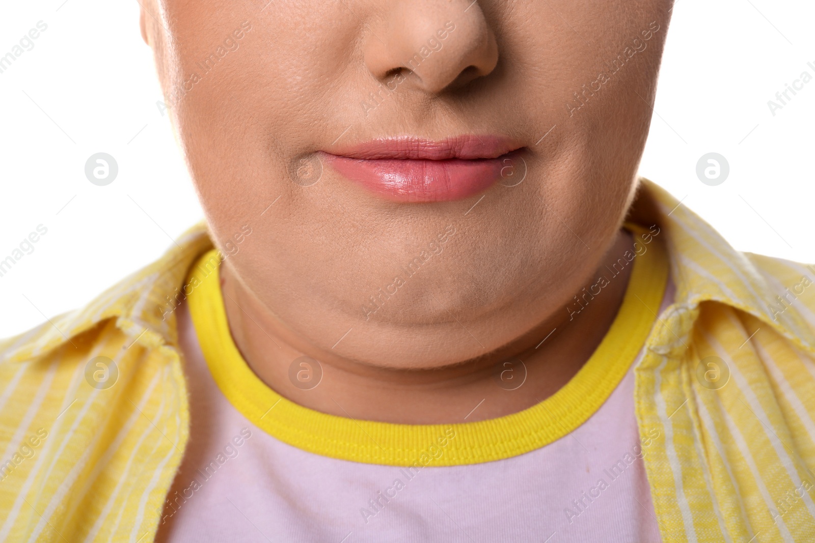 Photo of Woman with double chin on white background, closeup