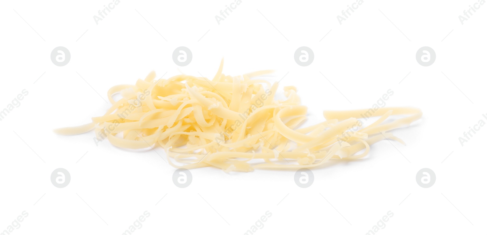 Photo of Pile of tasty grated cheese isolated on white