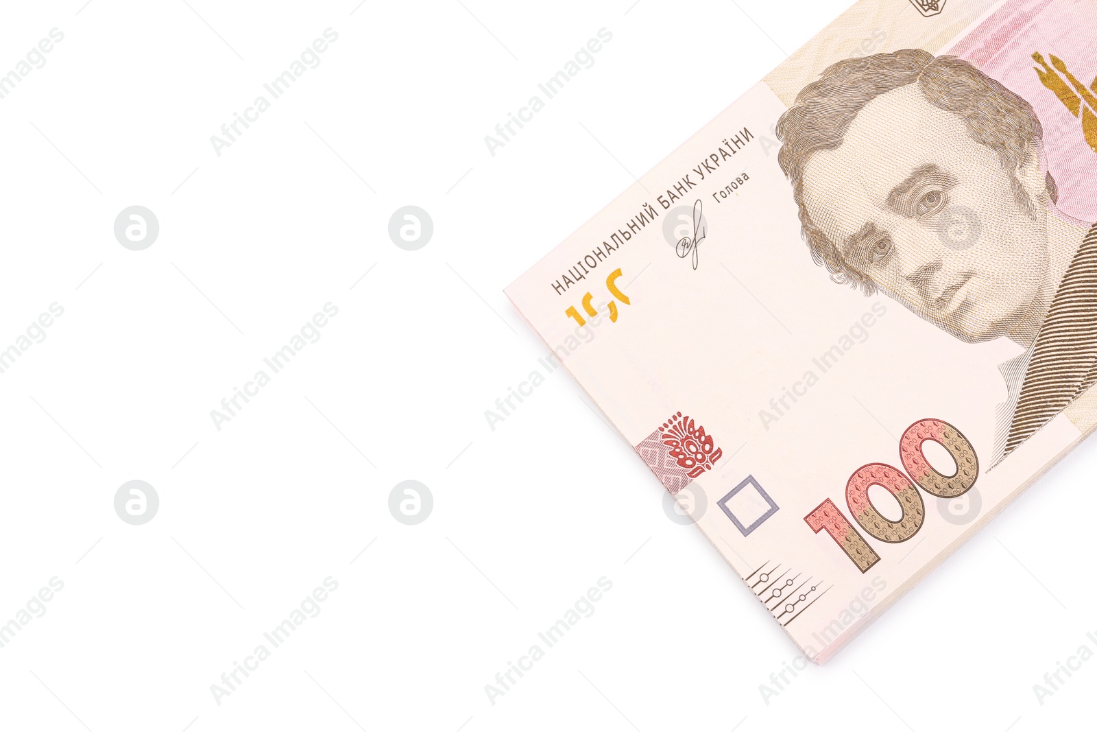 Photo of 100 Ukrainian Hryvnia banknote on white background, top view