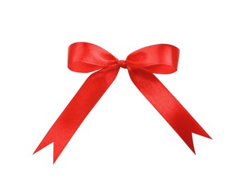 Photo of Beautiful red ribbon tied in bow isolated on white, top view