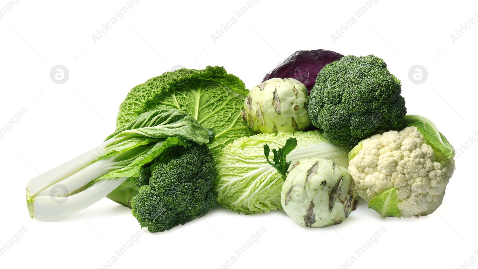 Photo of Many different types of fresh cabbage on white background