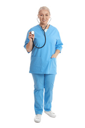 Photo of Full length portrait of mature doctor with stethoscope on white background