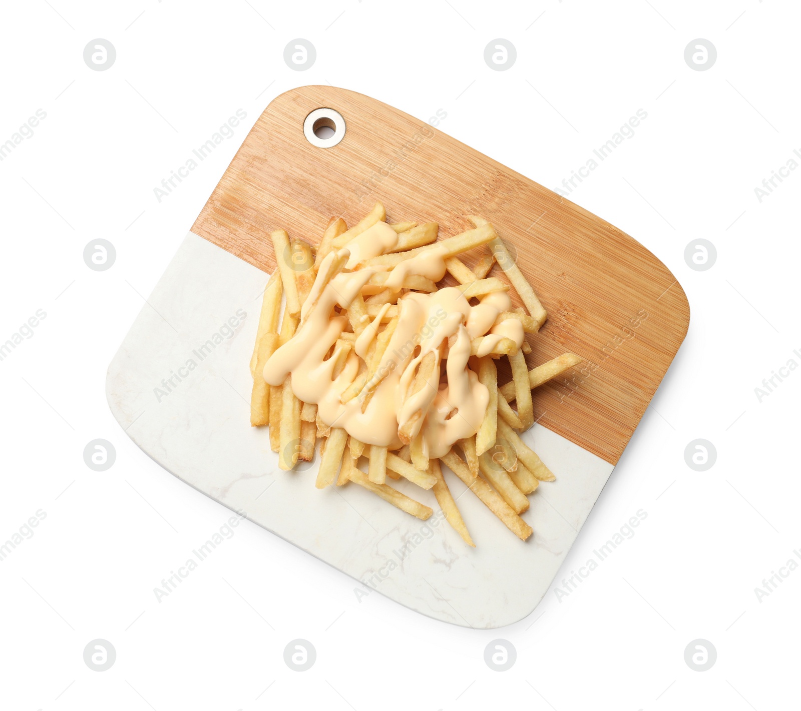 Photo of Delicious french fries with cheese sauce isolated on white, top view