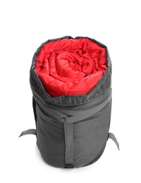 Photo of Sleeping bag in case on white background. Camping equipment