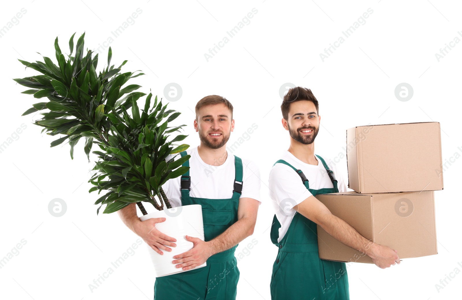 Photo of Young workers carrying stuff isolated on white. Moving service