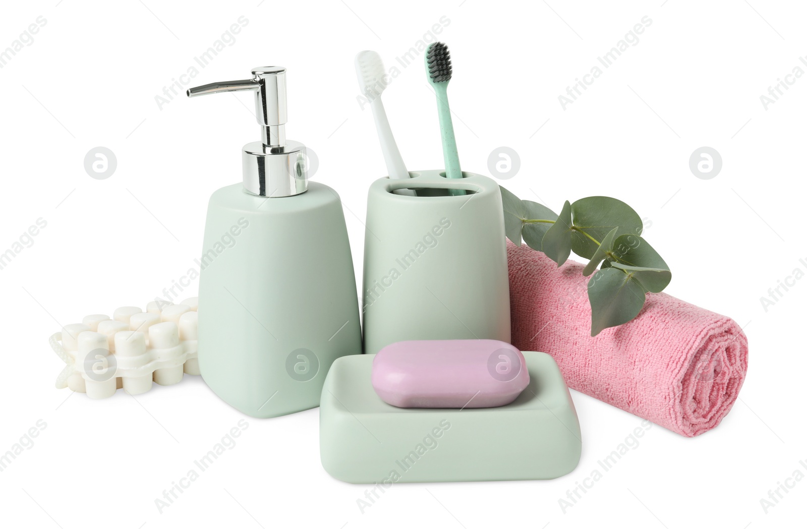 Photo of Bath accessories. Set of different personal care products and eucalyptus leaves isolated on white