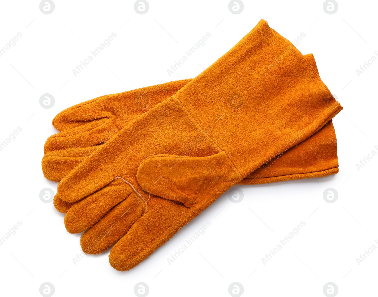 Photo of Protective gloves on white background. Safety equipment