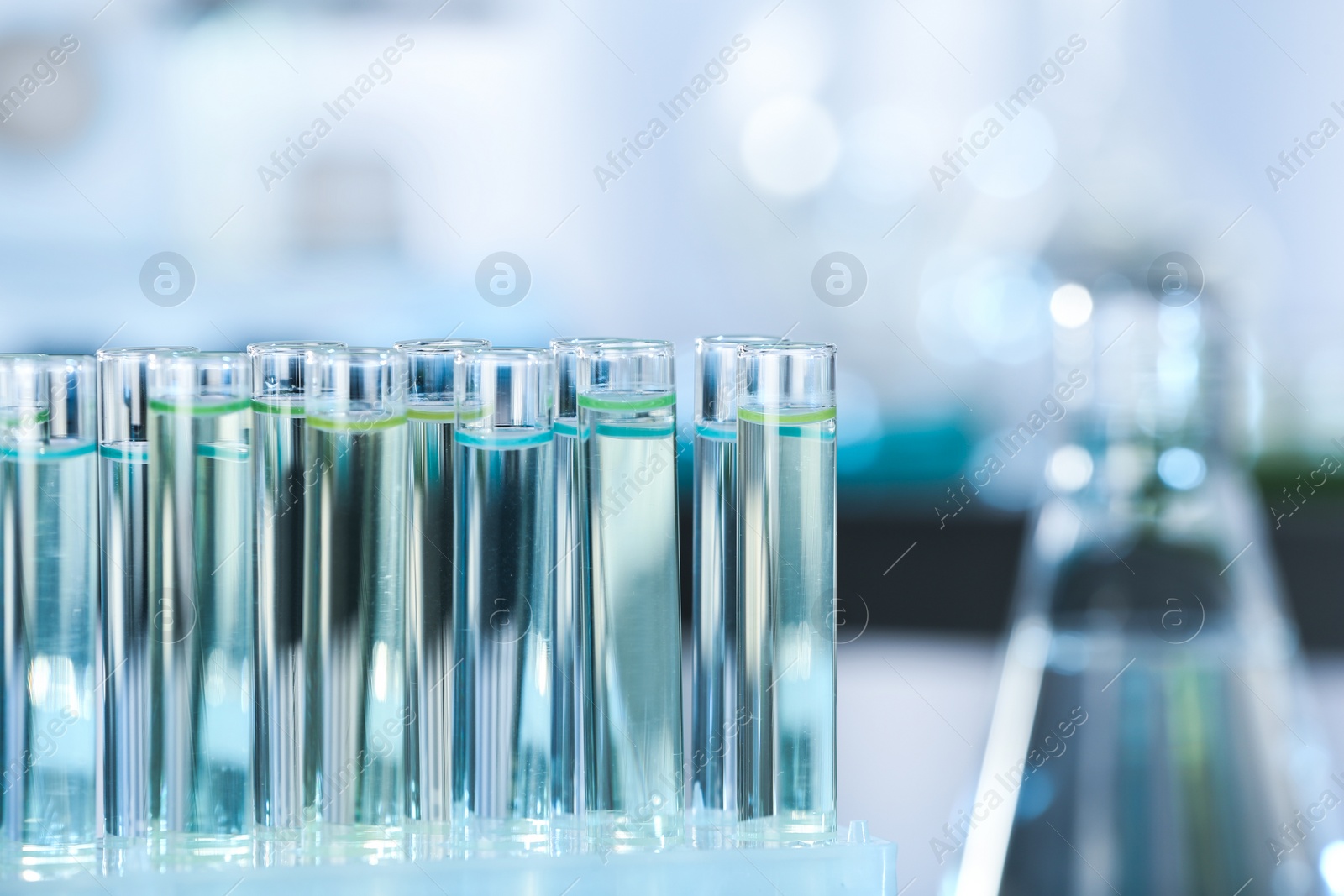 Photo of Test tubes with liquid samples for analysis in laboratory, closeup