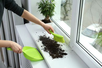 Photo of Woman cleaning window sill from soil at home, closeup