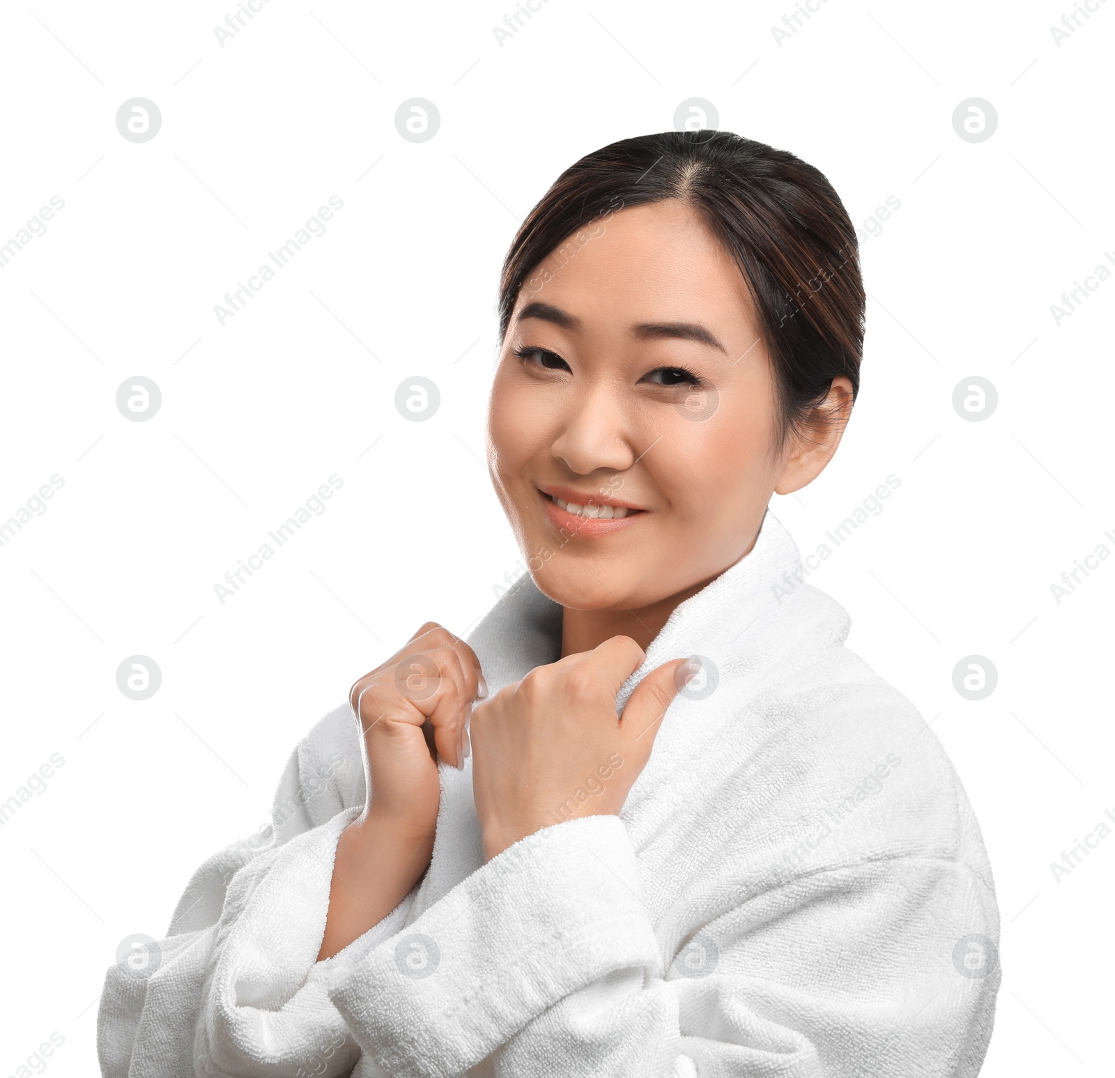 Photo of Portrait of beautiful Asian woman in bathrobe isolated on white. Spa treatment