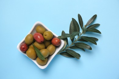 Different fresh olives and green leaves on light blue background, flat lay